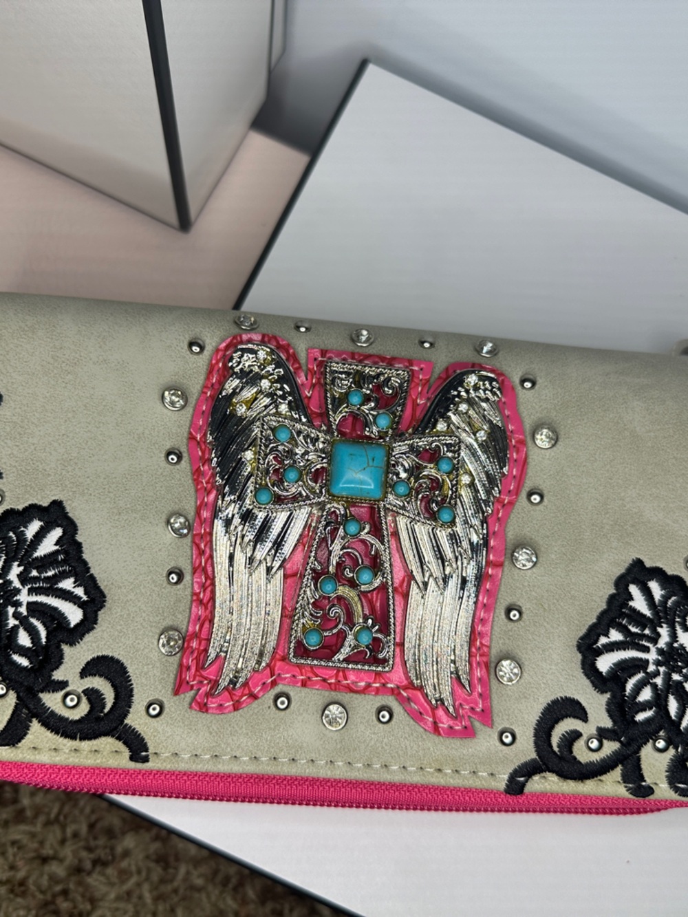 Beige and Pink Embellished Women's Wristlet Wallet